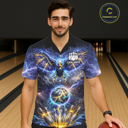 Custom Blue Lightning Thunder Eagle bowling team button up shirts, Bowling jersey gift for bowlers NQS11537
