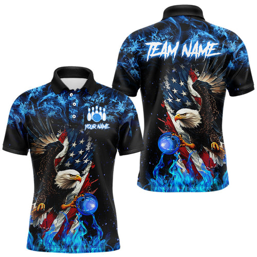 Blue Flame American Flag Eagle bowling shirts for Men Custom Bowling Team Jersey, gift for Bowler NQS9606