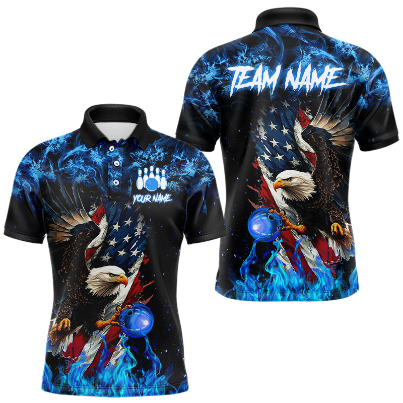 Blue Flame American Flag Eagle bowling shirts for Men Custom Bowling Team Jersey, gift for Bowler NQS9606