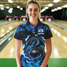 Load image into Gallery viewer, Black and Blue Flame Dragon bowling shirts for Women Custom Bowling Team Jersey, gift for Bowler NQS9607