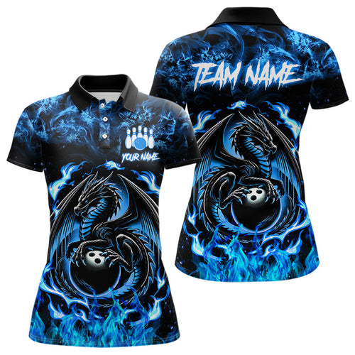 Black and Blue Flame Dragon bowling shirts for Women Custom Bowling Team Jersey, gift for Bowler NQS9607
