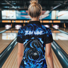 Load image into Gallery viewer, Black and Blue Flame Dragon bowling shirts for Women Custom Bowling Team Jersey, gift for Bowler NQS9607