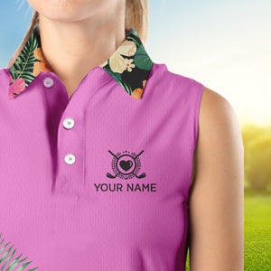 Pink tropical leaf Womens sleeveless polo shirt custom name I am not swearing I'm using my golf words NQS9753
