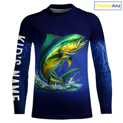 Mahi Mahi Fishing blue lightning 3D All Over printed shirts Customized Name Dorado Fishing apparel NQS314