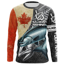 Load image into Gallery viewer, Vintage Canadian Flag Salmon Fishing Custom long sleeve performance Fishing Shirts, Salmon jerseys NQS5334