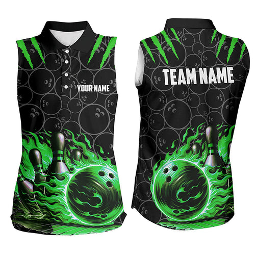 Women sleeveless polo shirts Custom black green flame bowling shirt, Bowling Jerseys gift for bowlers NQS7670
