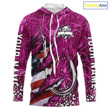 Load image into Gallery viewer, American flag fish hook pink camo fishing custom sun protection performance long sleeve fishing shirt NQS10011