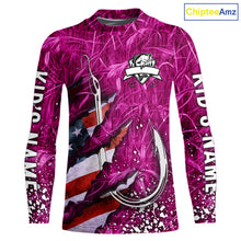 Load image into Gallery viewer, American flag fish hook pink camo fishing custom sun protection performance long sleeve fishing shirt NQS10011