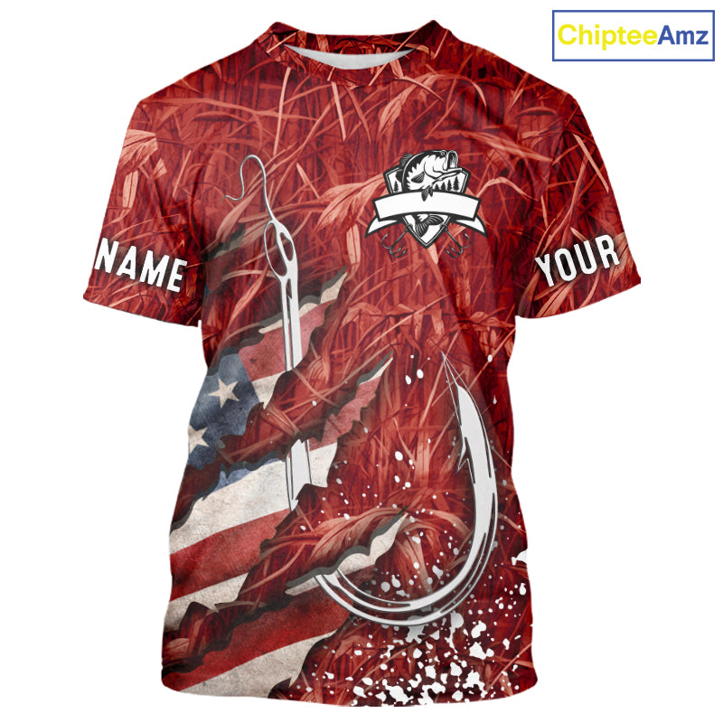 American flag fish hook red camo fishing custom sun protection performance long sleeve fishing shirt NQS10012