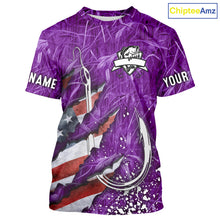 Load image into Gallery viewer, American flag fish hook purple camo custom sun protection performance long sleeve fishing shirt NQS10013
