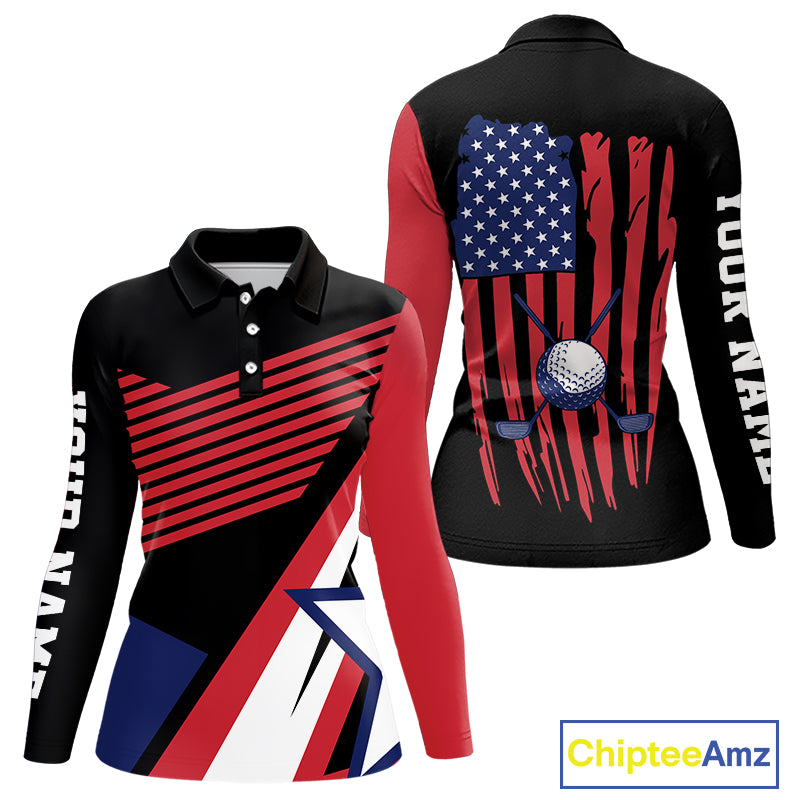 American Flag Golf polo shirts For Women custom patriotic golf top for ladies, golfing gifts | Black NQS10016
