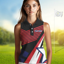 Load image into Gallery viewer, American Flag Golf Sleeveless polo shirts custom patriotic golf top for women, golfing gifts | Black NQS10016