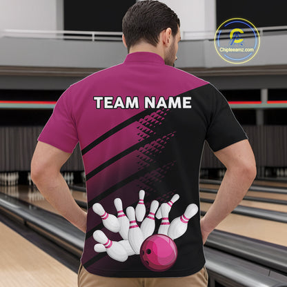 Black and Pink Bowling Polo, Quarter Zip shirts for Men Custom name bowling team league jerseys NQS10177