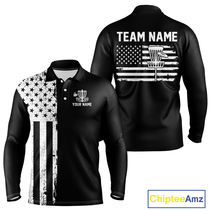 Black and White American Flag Mens Disc golf polo shirts Custom patriotic team disc golf jerseys NQS10017