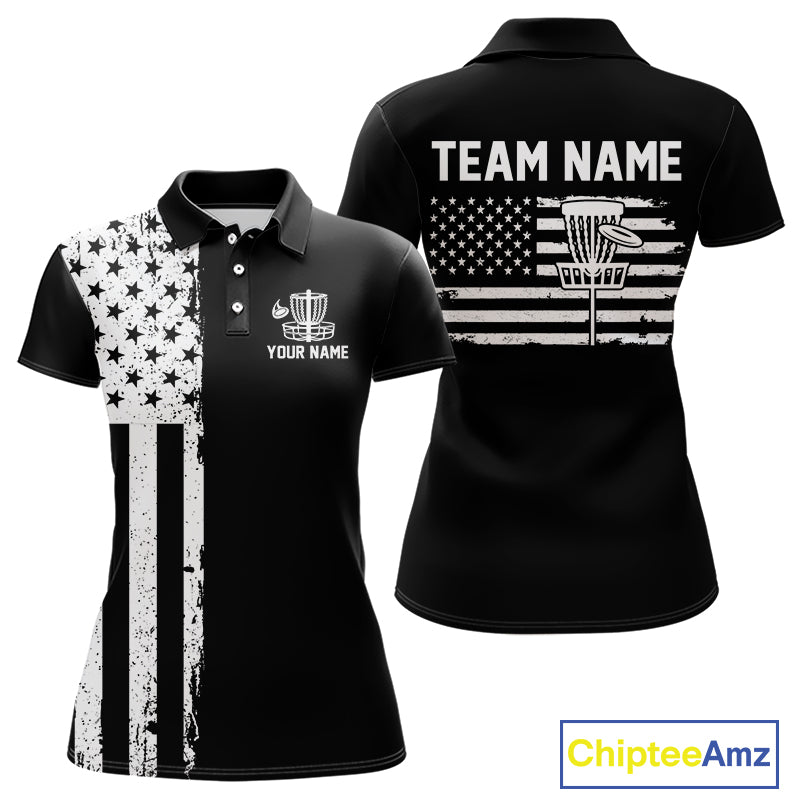 Black and White American Flag Womens Disc golf polo shirts Custom patriotic team disc golf jerseys NQS10017