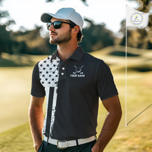 Load image into Gallery viewer, Black and White American Flag Mens golf polo shirts Custom name patriotic team golf uniform NQS10018