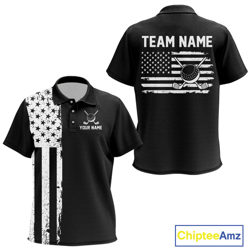 Black and White American Flag Kid golf polo shirts Custom name patriotic team golf uniform NQS10018