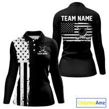 Load image into Gallery viewer, Black and White American Flag Women golf polo shirts Custom name patriotic team golf uniform NQS10018