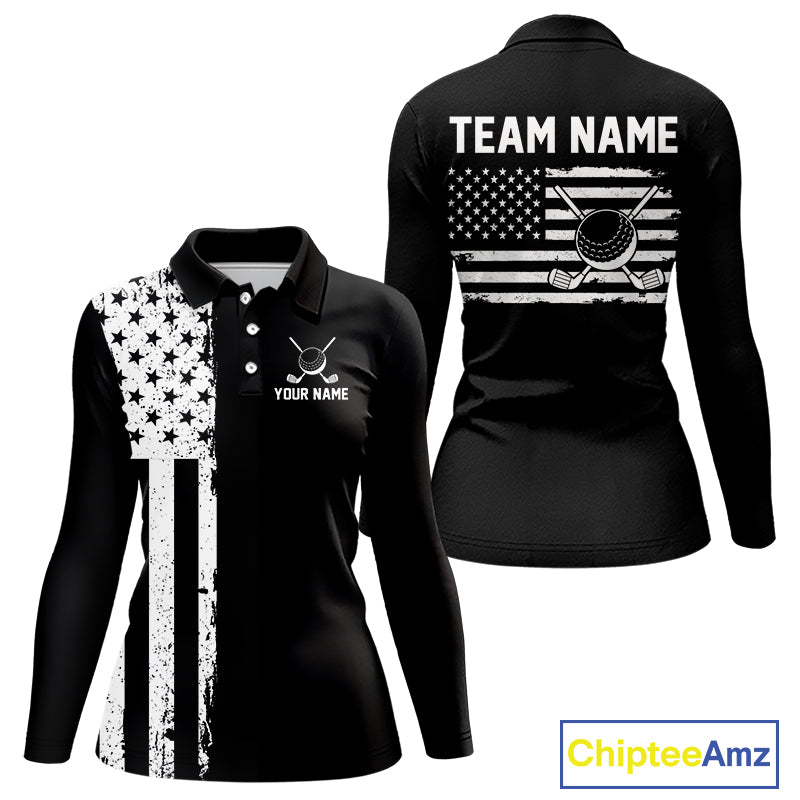 Black and White American Flag Women golf polo shirts Custom name patriotic team golf uniform NQS10018