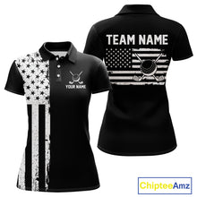 Load image into Gallery viewer, Black and White American Flag Women golf polo shirts Custom name patriotic team golf uniform NQS10018