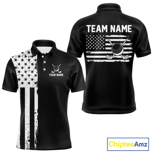 Black and White American Flag Mens golf polo shirts Custom name patriotic team golf uniform NQS10018