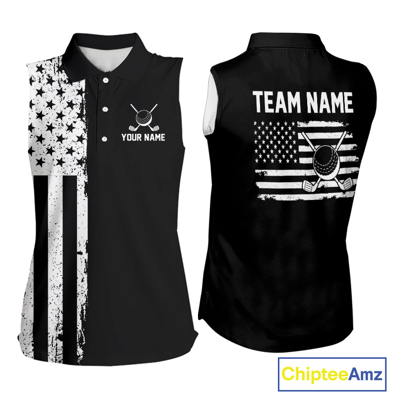 Black and White American Flag Women Sleeveless golf polo shirts Custom patriotic team golf uniform NQS10018