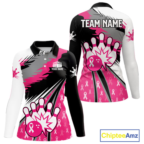 Women bowling shirts Custom pink ribbons pattern Bowling Team Jersey, Breast cancer shirt for Bowler NQS10515
