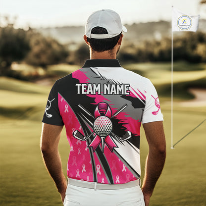 Mens golf polo shirt Custom pink ribbon pattern mens golf clothes, Breast cancer shirt for golfer NQS10516