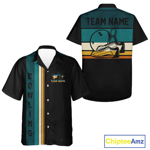 Black and Green Retro Bowling Hawaiian Shirts Custom Team Bowling League Jerseys NQS10744