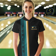 Load image into Gallery viewer, Black and Green Retro Bowling Polo, Quarter Zip Shirts for Women Custom Team Bowling League Jerseys NQS10744