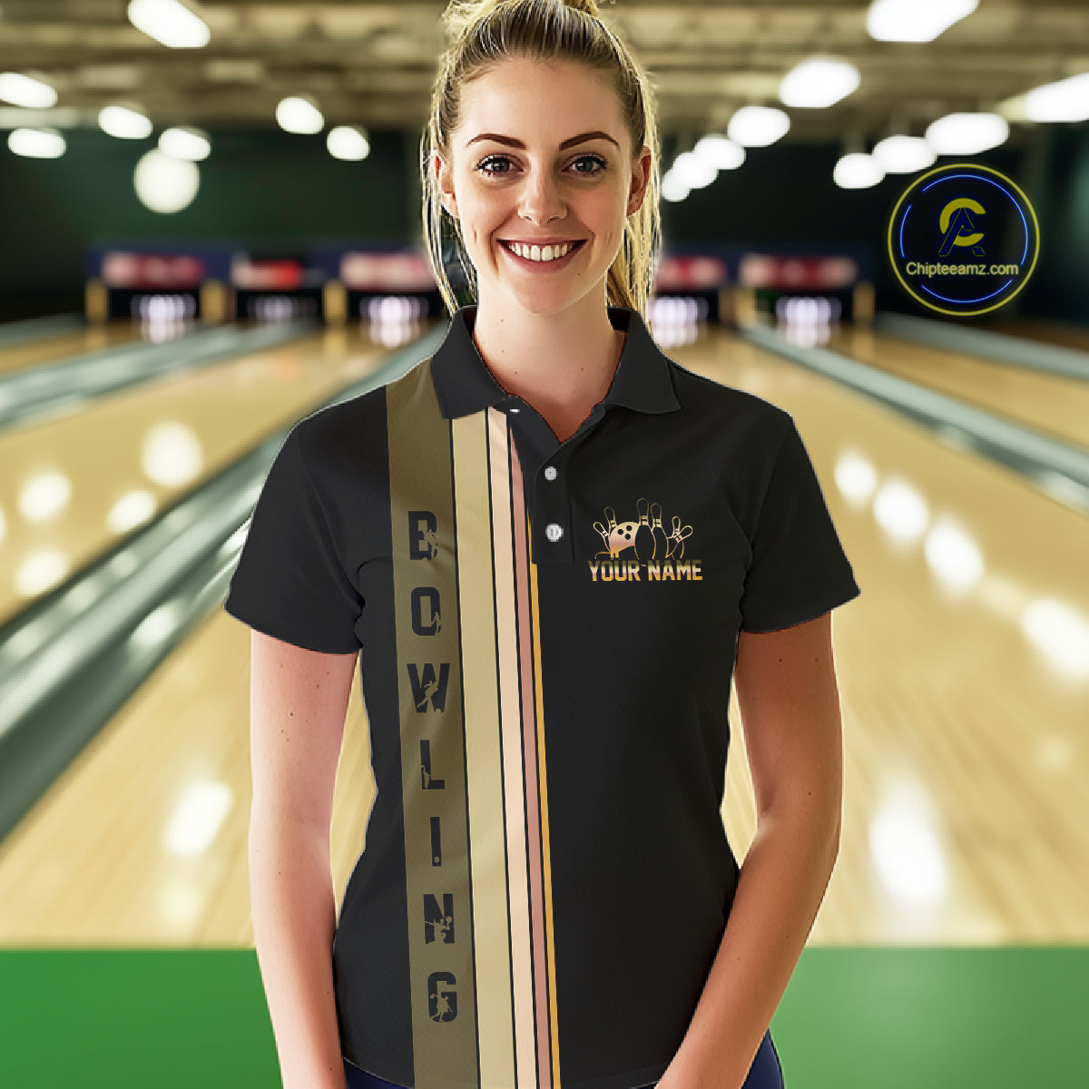Black and Retro Bowling Polo, Quarter Zip Shirts for Women Custom Team Bowling League Jerseys NQS10745