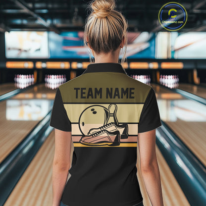Black and Retro Bowling Polo, Quarter Zip Shirts for Women Custom Team Bowling League Jerseys NQS10745