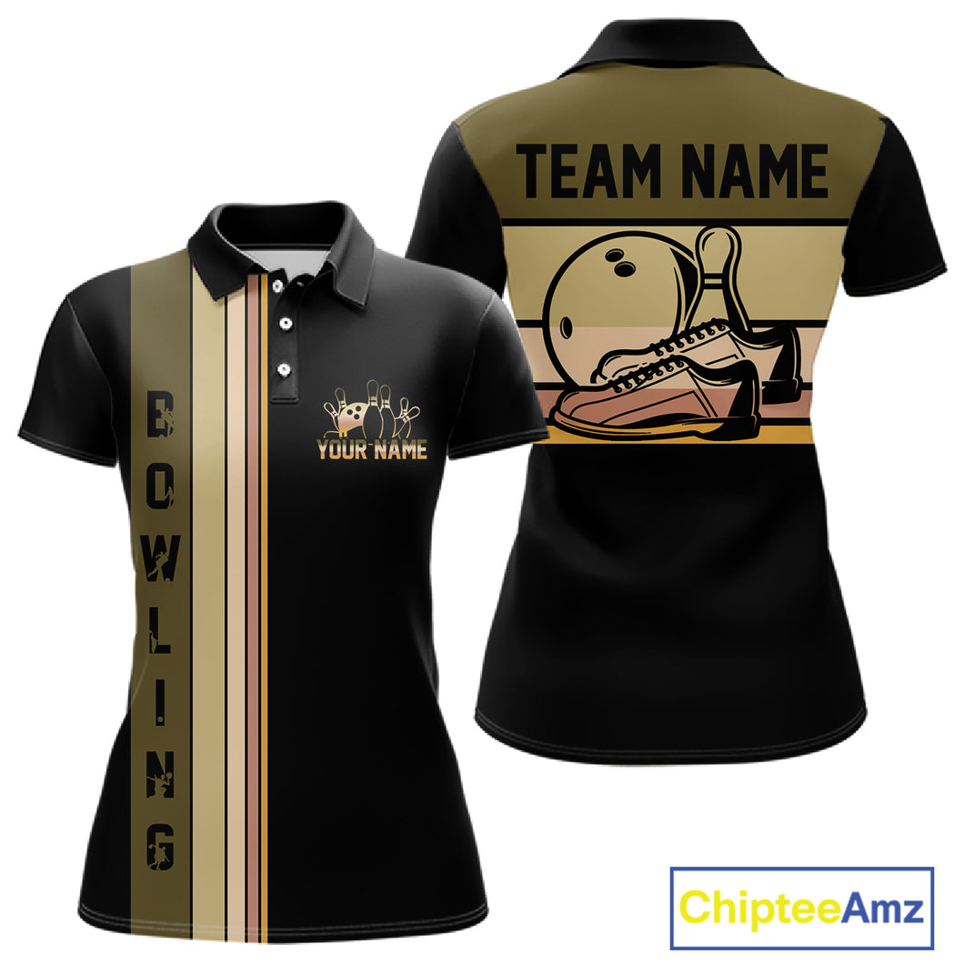 Black and Retro Bowling Polo, Quarter Zip Shirts for Women Custom Team Bowling League Jerseys NQS10745