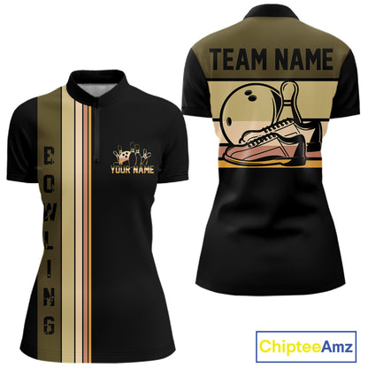 Black and Retro Bowling Polo, Quarter Zip Shirts for Women Custom Team Bowling League Jerseys NQS10745