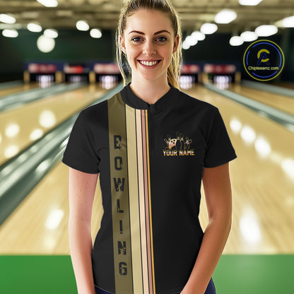 Black and Retro Bowling Polo, Quarter Zip Shirts for Women Custom Team Bowling League Jerseys NQS10745