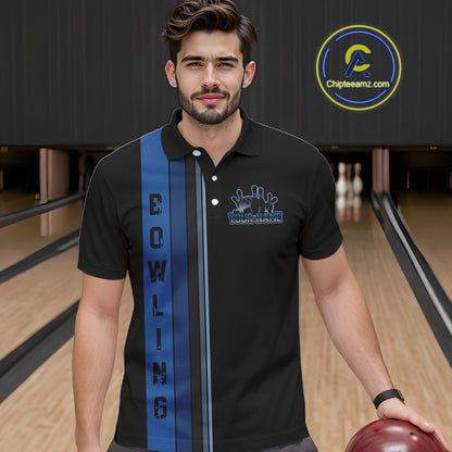 Black and Blue Retro Bowling Polo, Quarter Zip Shirts for Men Custom Team Bowling League Jerseys NQS10746