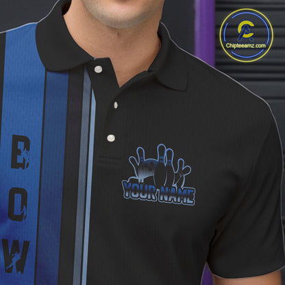 Black and Blue Retro Bowling Polo, Quarter Zip Shirts for Men Custom Team Bowling League Jerseys NQS10746