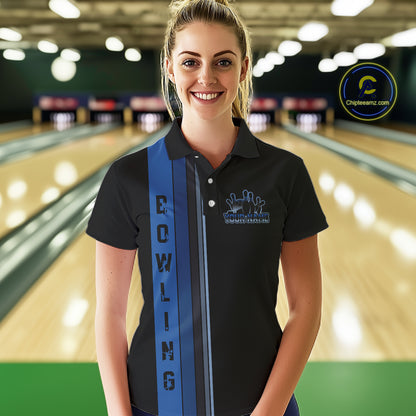 Black and Blue Retro Bowling Polo, Quarter Zip Shirts for Women Custom Team Bowling League Jerseys NQS10746