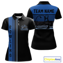Load image into Gallery viewer, Black and Blue Retro Bowling Polo, Quarter Zip Shirts for Women Custom Team Bowling League Jerseys NQS10746