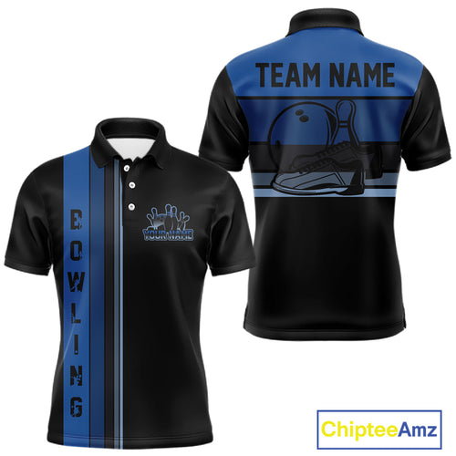Black and Blue Retro Bowling Polo, Quarter Zip Shirts for Men Custom Team Bowling League Jerseys NQS10746