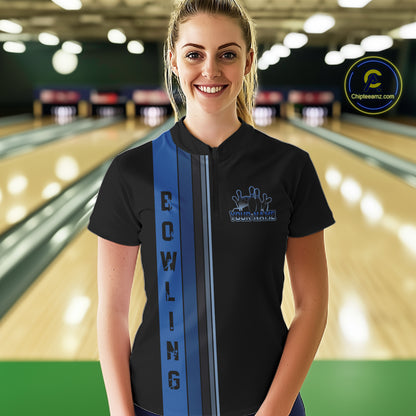 Black and Blue Retro Bowling Polo, Quarter Zip Shirts for Women Custom Team Bowling League Jerseys NQS10746