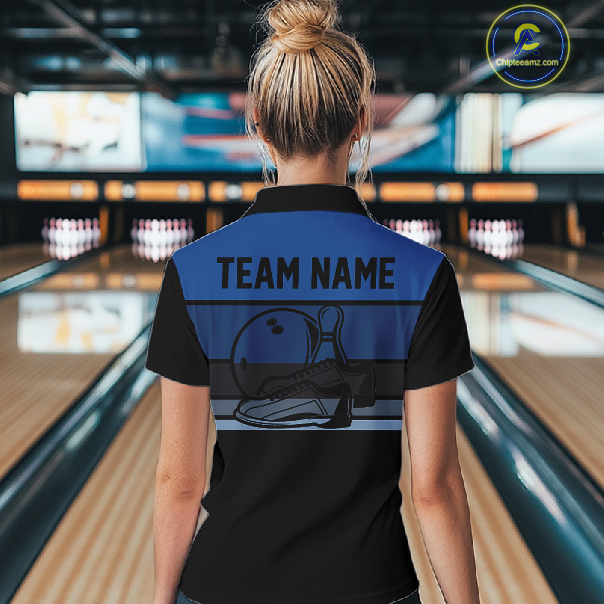Black and Blue Retro Bowling Polo, Quarter Zip Shirts for Women Custom Team Bowling League Jerseys NQS10746