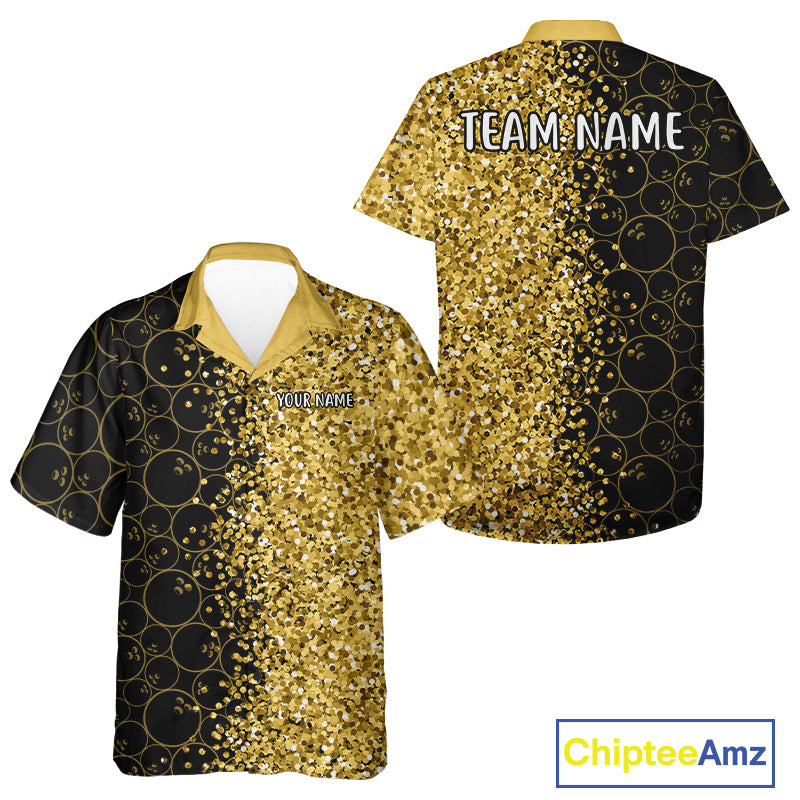 Black Camo and Gold glitter Bowling Hawaiian Shirt Custom bowling league shirt gift for bowlers NQS10938