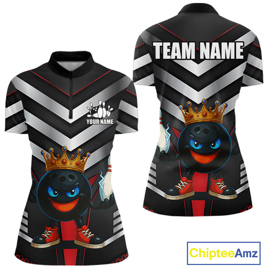 Funny Bowling Shirts Black & Silver Metal Team Women Bowling Polo, 1/4 Zip Shirt Custom bowling gifts NQS10942