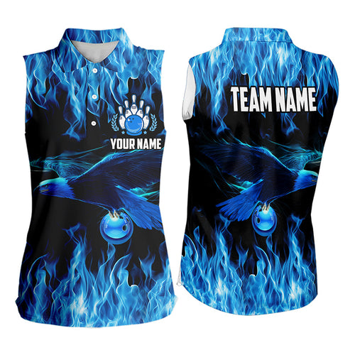 Blue Flame Eagle Custom Bowling Sleeveless Polo Team Shirts, Fire Bowling Jersey Outfit For Bowler NQS9440