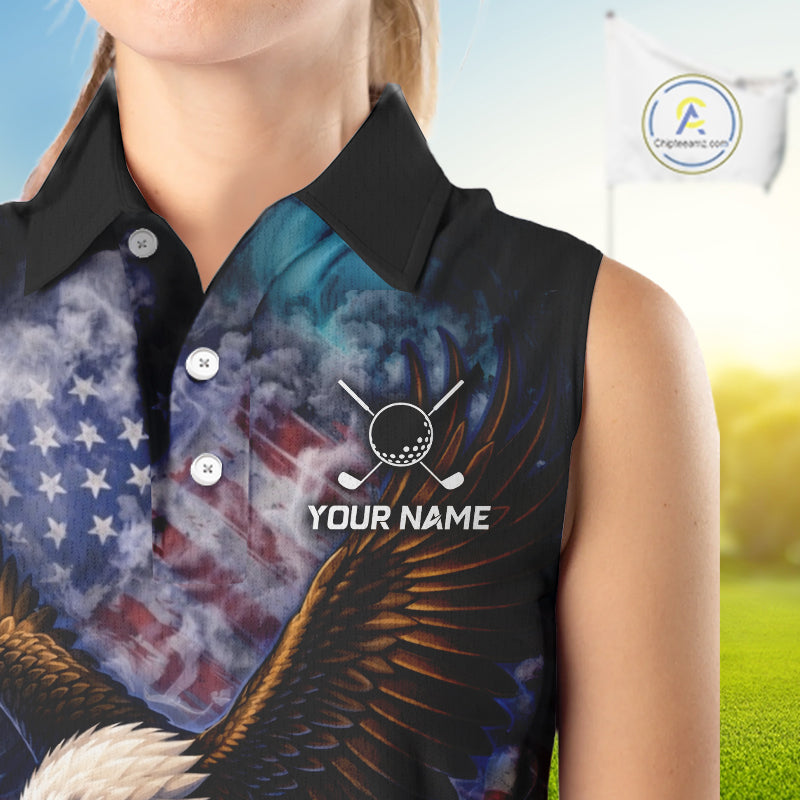 Smoke American Flag Eagle Womens sleeveless golf polo shirt Custom patriotic golf outfit ladies NQS11541