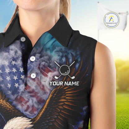 Smoke American Flag Eagle Womens sleeveless golf polo shirt Custom patriotic golf outfit ladies NQS11541