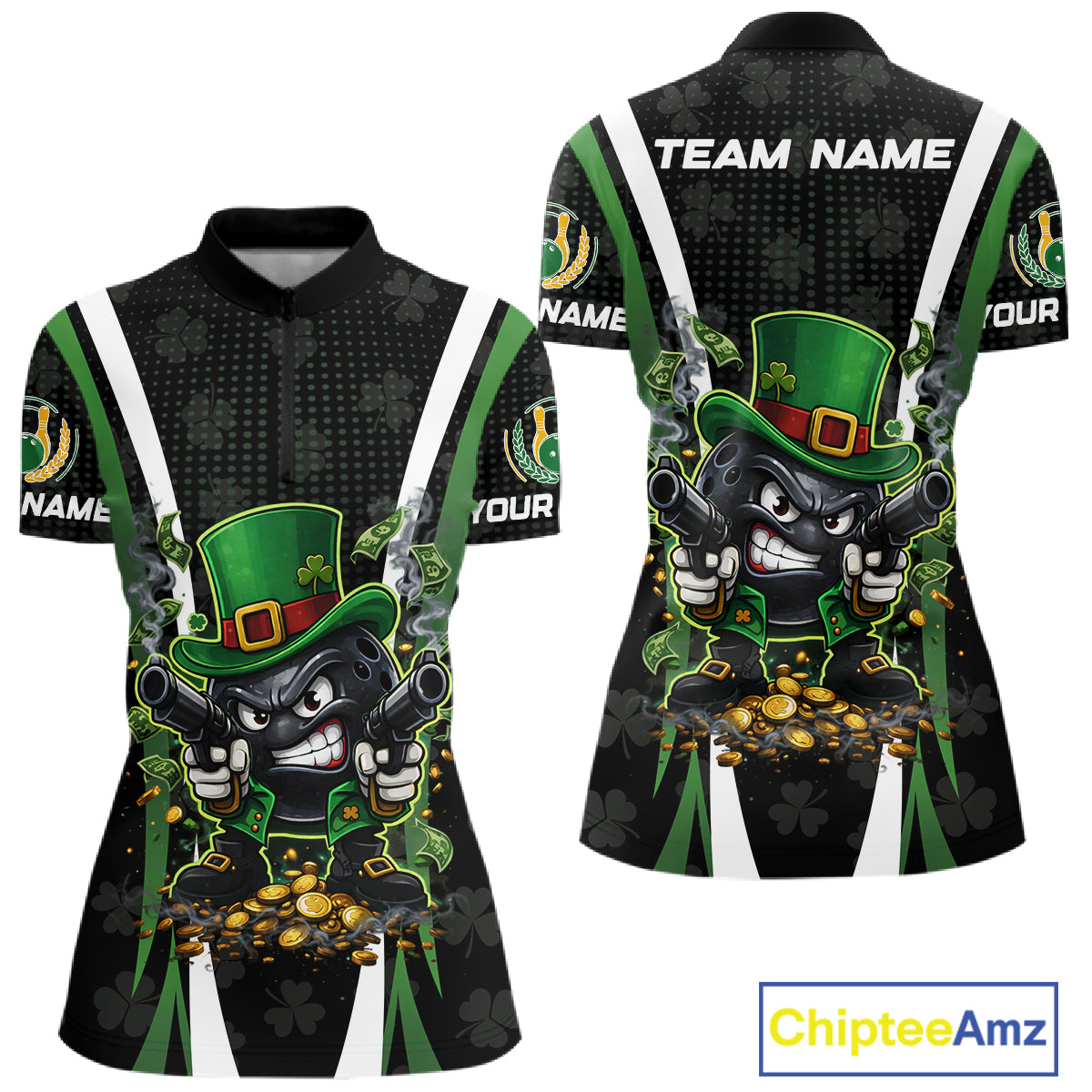 Funny St Patrick cowboy gunner Bowling Polo, 1/4 zip shirts For Women Custom Team Bowling Jerseys NQS11543
