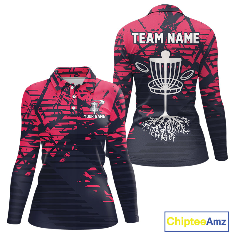 Pink and navy Camo Women Disc golf polo shirts Custom team disc golf apparel NQS10020