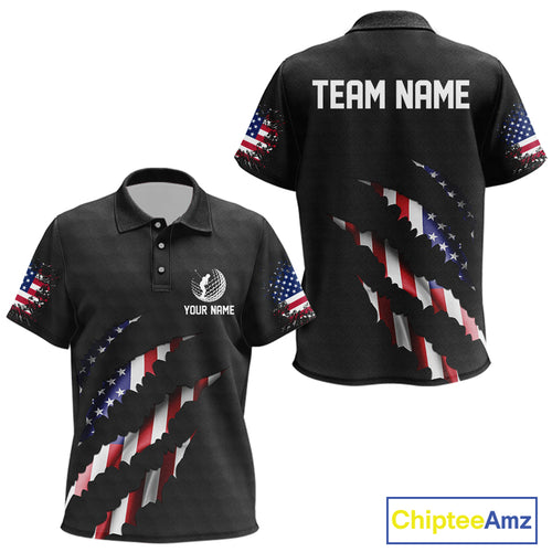 Personalized American Flag Kid golf polo shirt, Custom Patriotic Golf Team Shirts For Kid | Black NQS10178